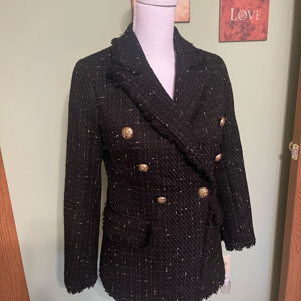 NWT L. Yhushuona Black Textured Jacket, Gold Highlights - Size S